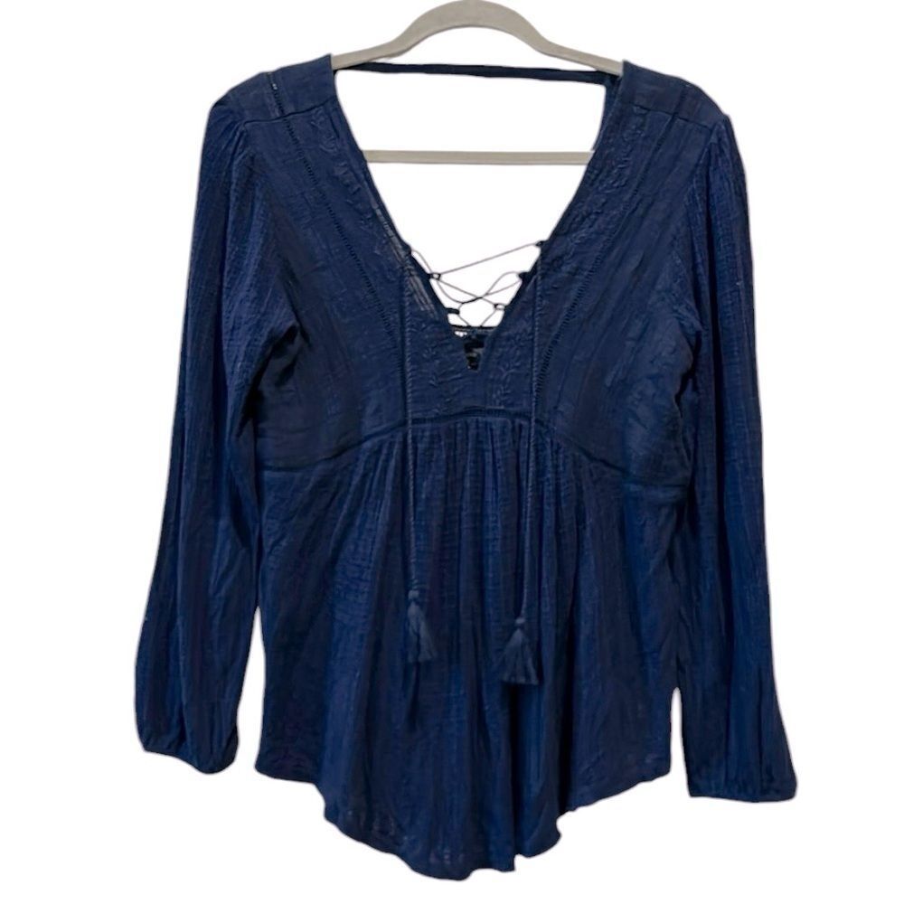 NWT Lucky Brand Tie-Neck Lace-Trim Peasant Top Navy Blue Size Small Boho​​